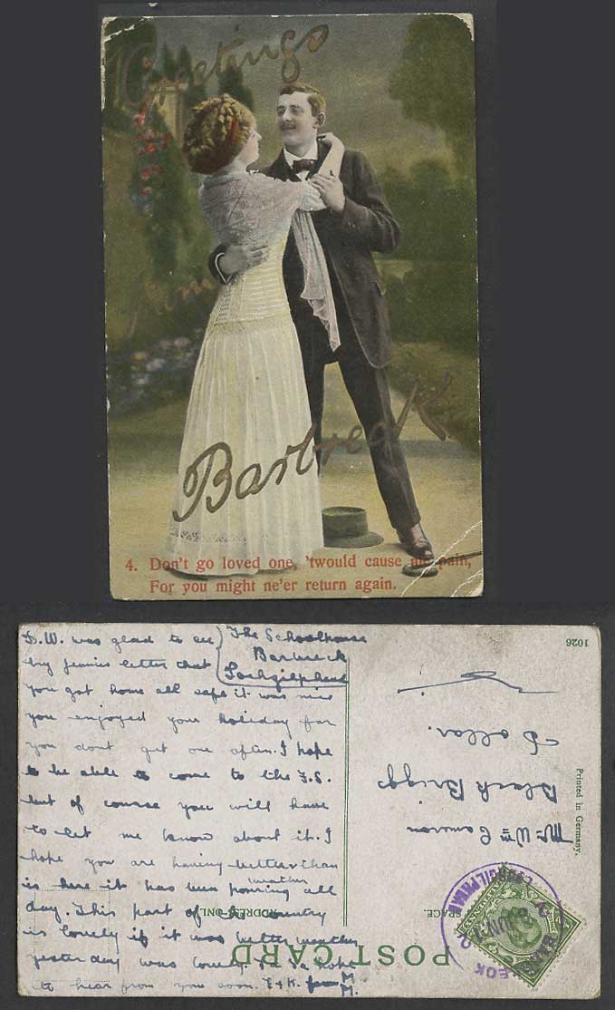 Greetings Romance Don't go loved one, might ne'er return again 1912 Old Postcard