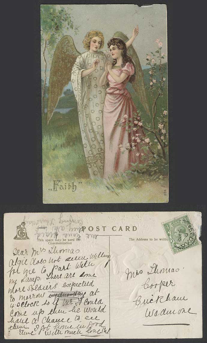 Faith, Angel and Woman Lady Girl, Flowers, KG5 1/2d stamp Old Embossed Postcard
