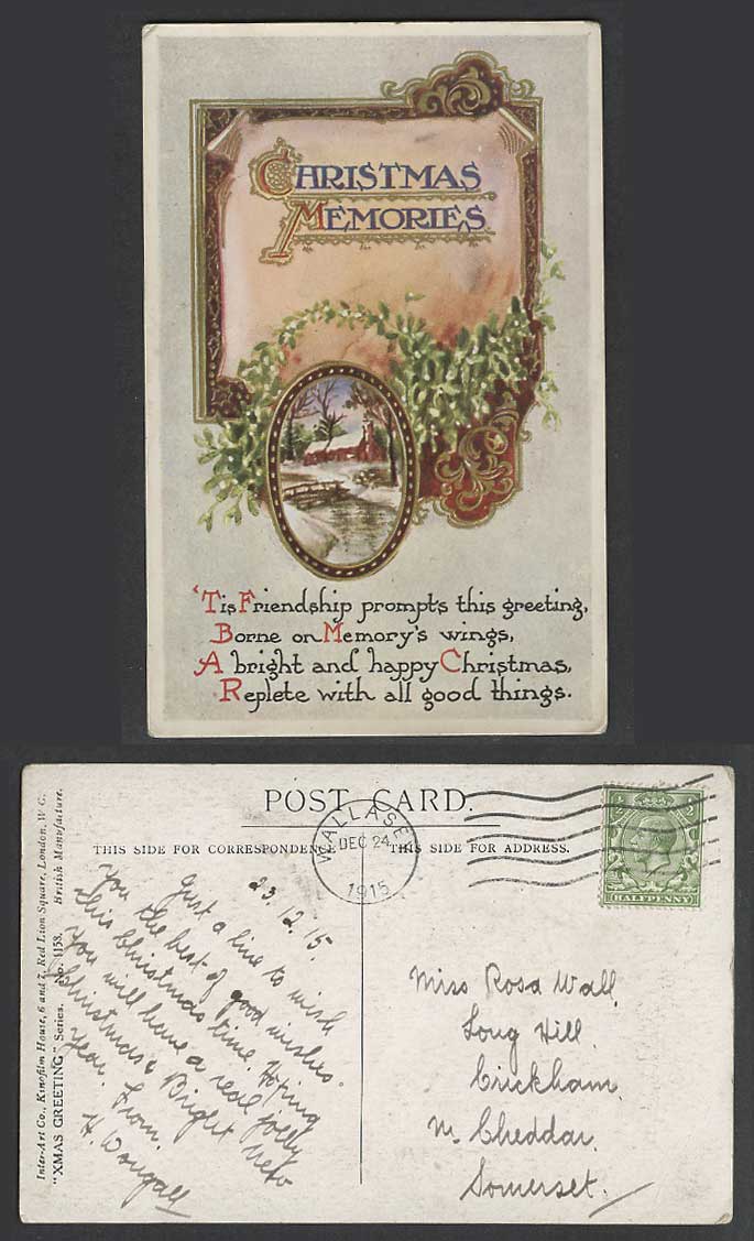 Xmas Christmas Memories Cottage House Bridge over River 1915 Old Colour Postcard