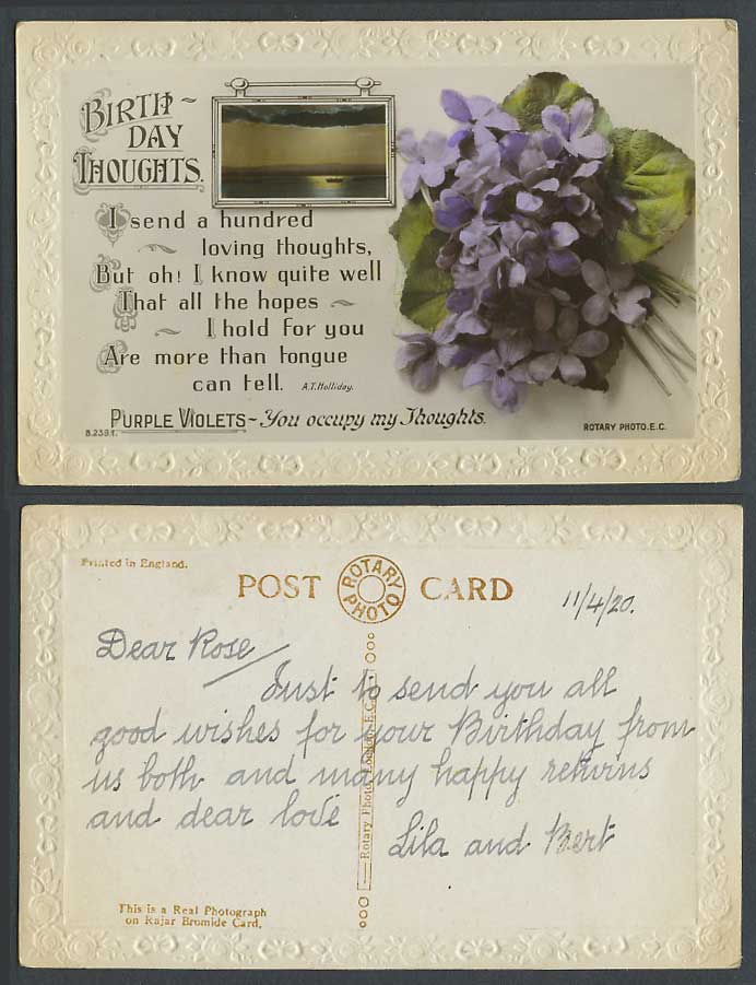 Birthday Thoughts Greetings, Purple Violets Flowers 1920 Old Real Photo Postcard
