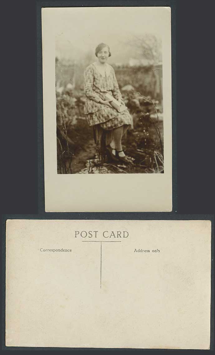 Woman Girl Lady with Book Sitting, Garden Social History Old Real Photo Postcard