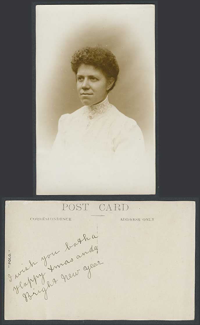 Portrait of Woman Lady Lace  Polo Old Real Photo Postcard Xmas New Year Greeting