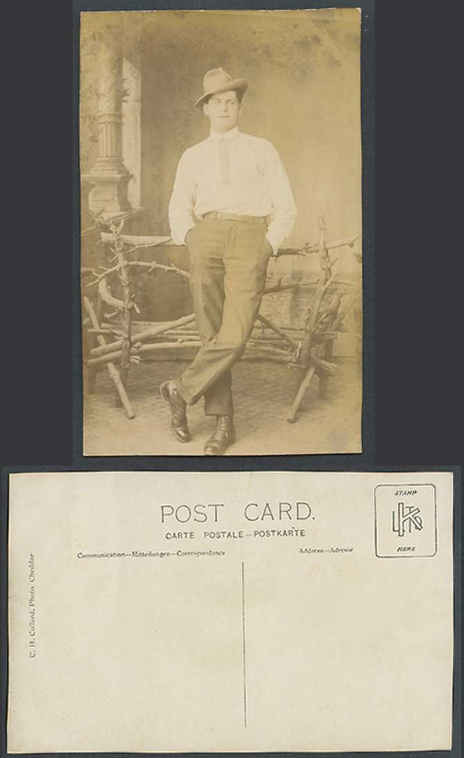 Man wearing Hat and Tie Standing, C.H. Collard Photo Cheddar Old Photo Postcard