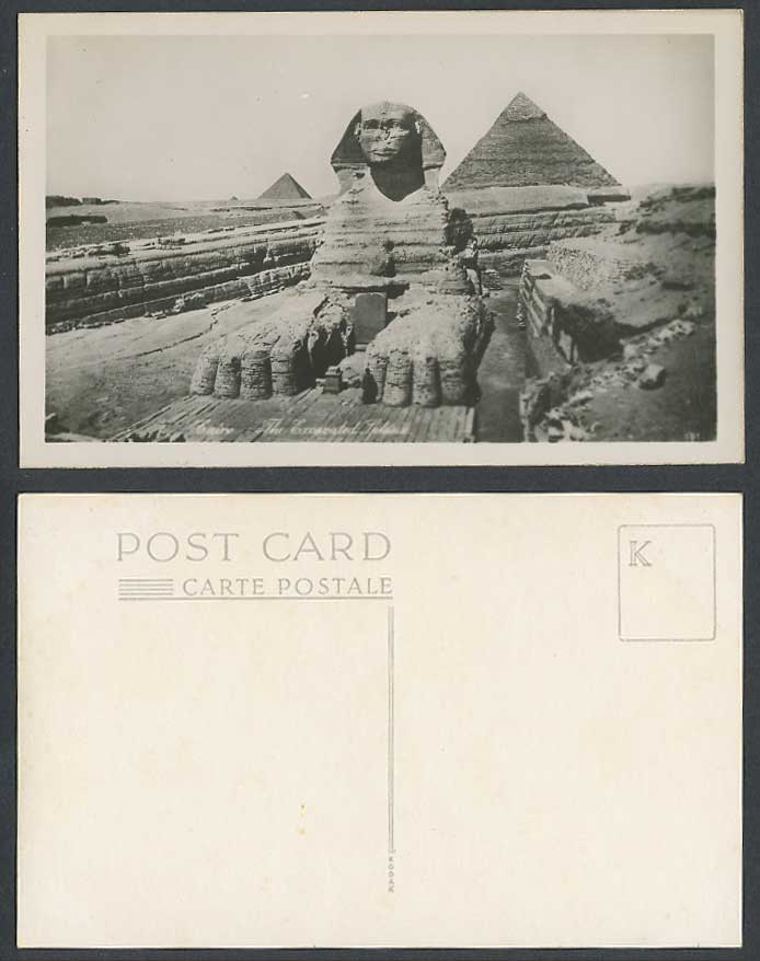 Egypt Old Real Photo Postcard Cairo The Excavated Sphinx, Giza Pyramids Le Caire