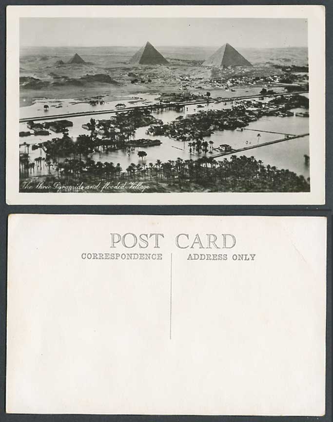 Egypt Old Real Photo Postcard Cairo Flooded Village 3 Pyramids Gizeh Giza Flood