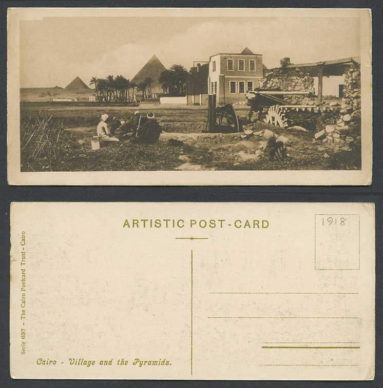 Egypt 1918 Old Postcard Cairo Village and Pyramids Cattle Sakyia Sakieh Bookmark