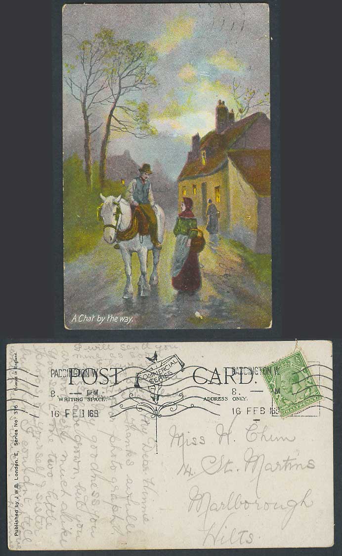 A Chat by the Way Horse Rider Woman Cottage House Street Scene 1916 Old Postcard