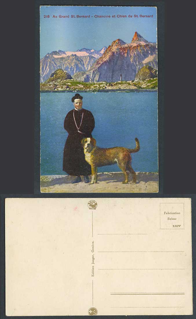 DOG Au Grand St. Bernard Chanoine et Chien du St. Bernard Mountains Old Postcard