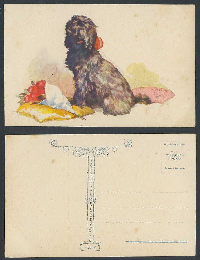Dog Puppy Pet Animal and a Bunch of Flowers Art Artist Drawn Old Colour Postcard