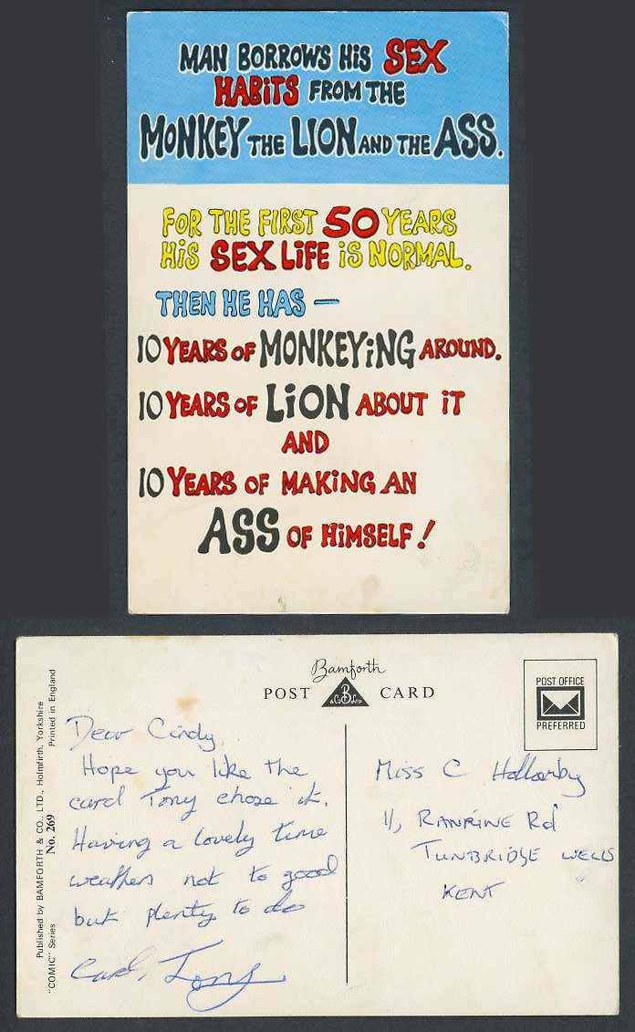 Man borrows his sex habits from the monkey lion and the ass, Humour Old Postcard