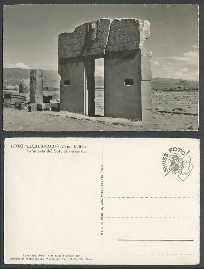 Bolivia Old Postcard Tiahuanacu 3825m Puerta del Sol Gate of Sun Faucett Airline