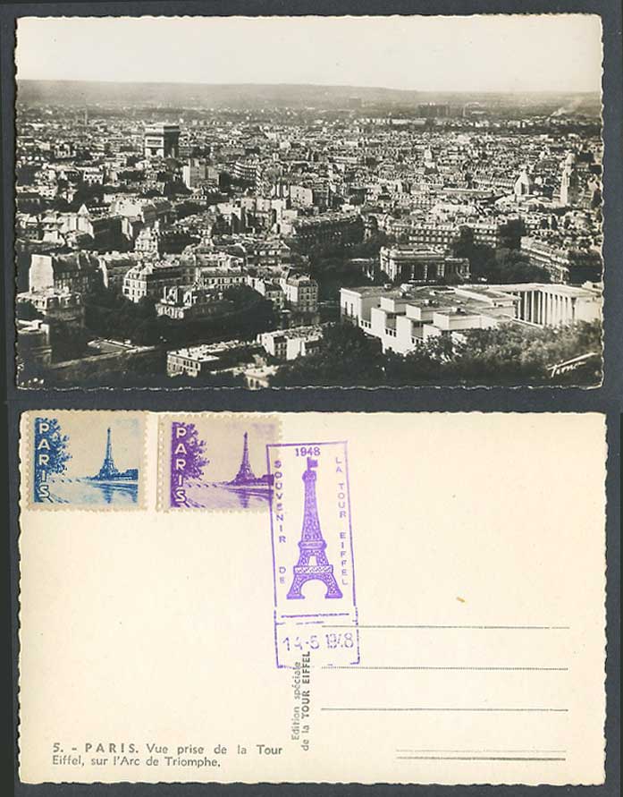 France Paris View Taken from Tour Eiffel Tower Arc de Triomphe 1948 Old Postcard