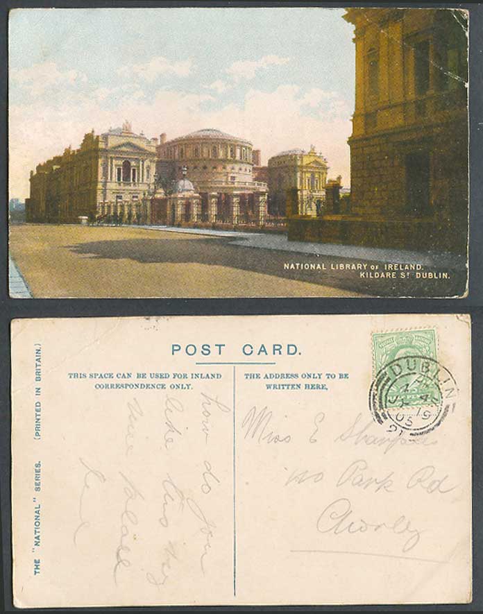 Irish 1905 Old Postcard Dublin National Library of Ireland, Kildare Street Scene