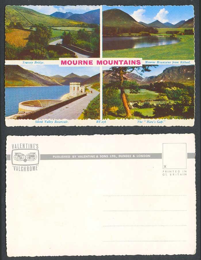 N Ireland Postcard Mourne Mountains Trassey Bridge Hare's Gap Silent Valley Res.