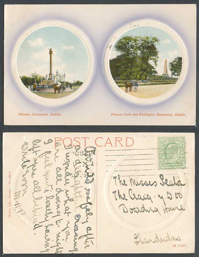 Ireland 1905 Old Postcard Dublin Wellington Monument Phoenix Park, Jaunting Cars
