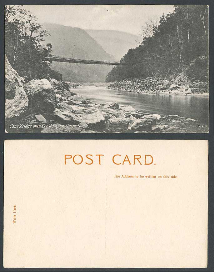 India Old Postcard Cane Bridge Over Teesta River Scene Darjeeling Rocks Hill Mts