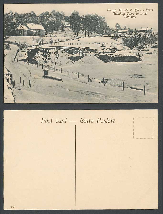 India Old Postcard Church, Parade & Officers Mess Standing Camp in Snow RANIKHET