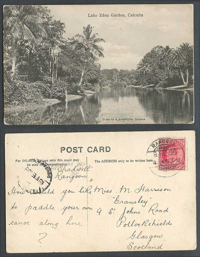 India KE7 1a Rangoon SeaPO 1909 Old Postcard Lake Eden Garden Calcutta Palm Tree