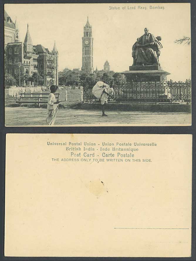 India Old Postcard Bombay Statue of Lord Reay Memorial Clock Tower Native Dhobie