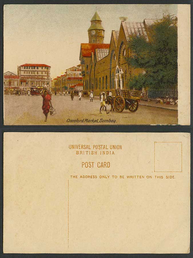 India Old Colour Postcard Crawford Caroford Market Bombay Street Scene Tram Cart