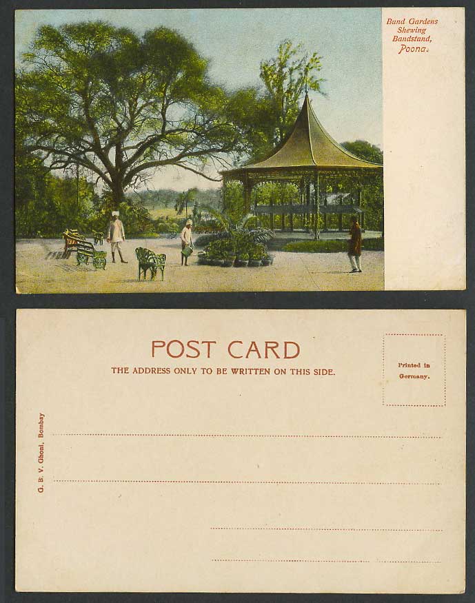 India Old Colour UB Postcard Bund Gardens Bandstand POONA, Gardener Watering Can