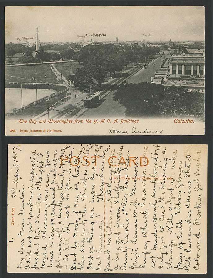 India 1907 Old Postcard Calcutta City Chowringhee from Y.M.C.A Street Scene TRAM