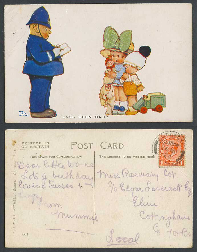 MABEL LUCIE ATTWELL 1924 Old Postcard Police Ever Be Had? Boy Girl, Dog Doll 803