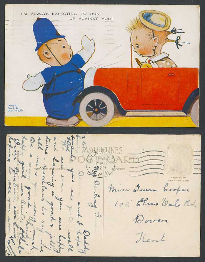 MABEL LUCIE ATTWELL 1929 Old Postcard Police Stop Motor Car Run Against You 1551
