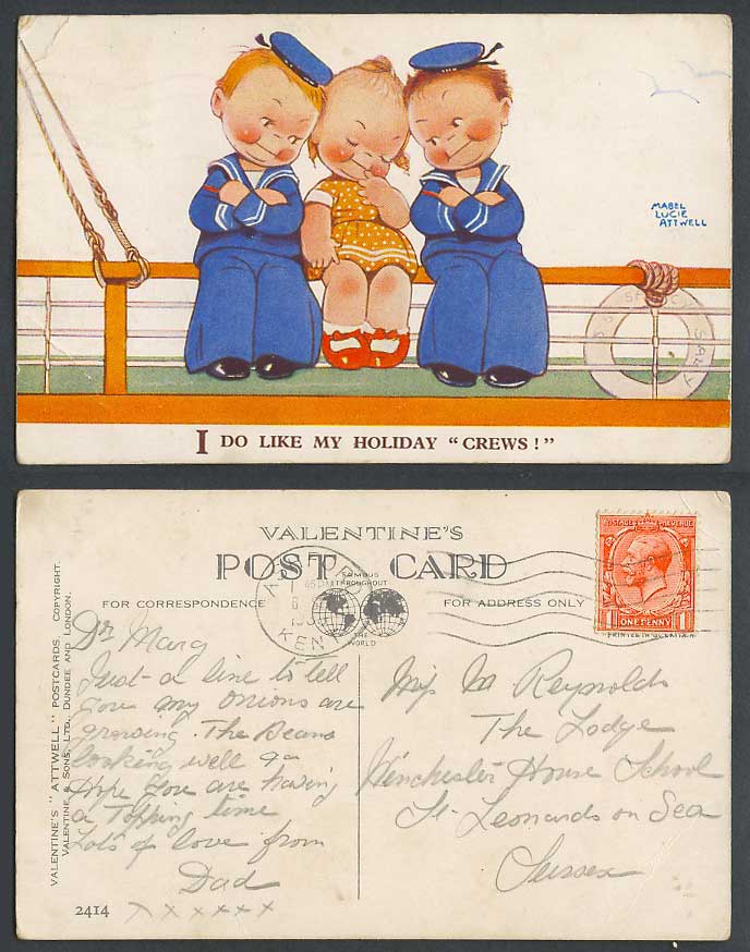 MABEL LUCIE ATTWELL 1933 Old Postcard I Do Like My Holiday Crews! Sailors 2414