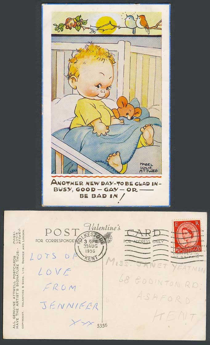 MABEL LUCIE ATTWELL 1956 Old Postcard Teddy Bear Another New Day To Be Glad 5356