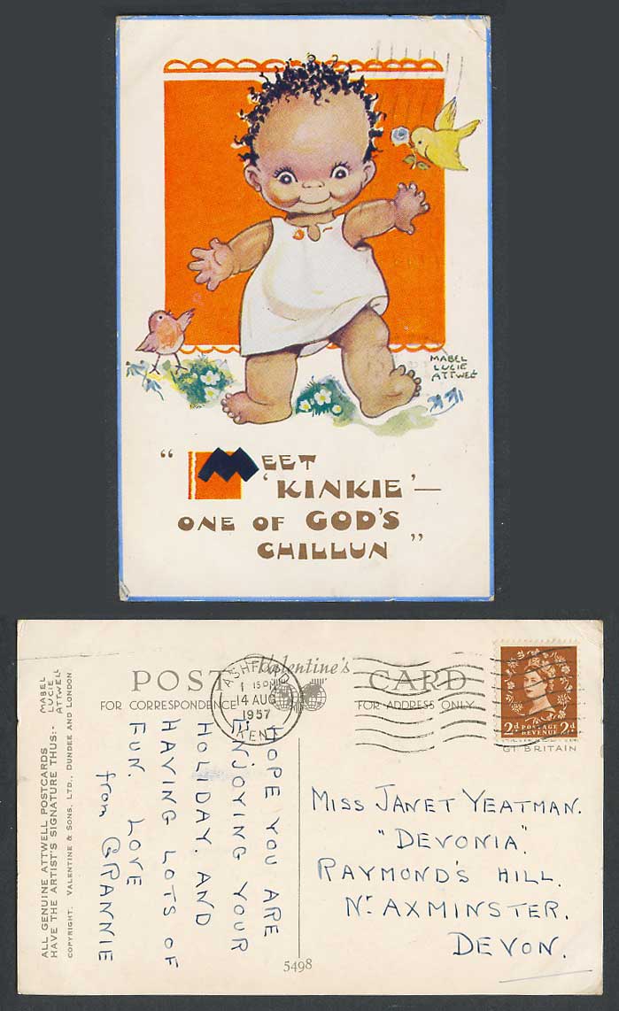 Mabel Lucie Attwell 1957 Old Postcard Black Girl, Meet Kinkie God's Chillun 5498
