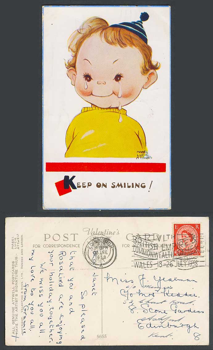 MABEL LUCIE ATTWELL 1958 Old Postcard KEEP ON SMILING 5655 BE Commonwealth Games