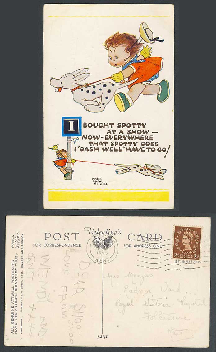 MABEL LUCIE ATTWELL 1955 Old Postcard Dalmatian Dog I Bought Spotty at Show 5231