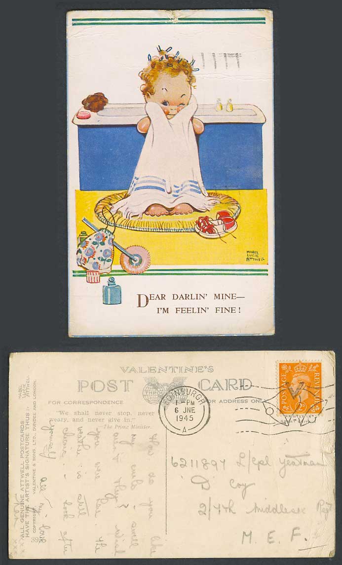 MABEL LUCIE ATTWELL 1945 Old Postcard Dear Darlin Mine I'm Feeling Fine Girl 395