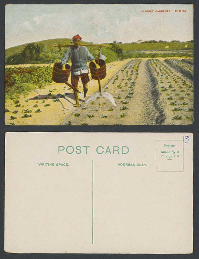 China Old Colour Postcard Chinese Native Market Gardener, Farmer Watering Fields
