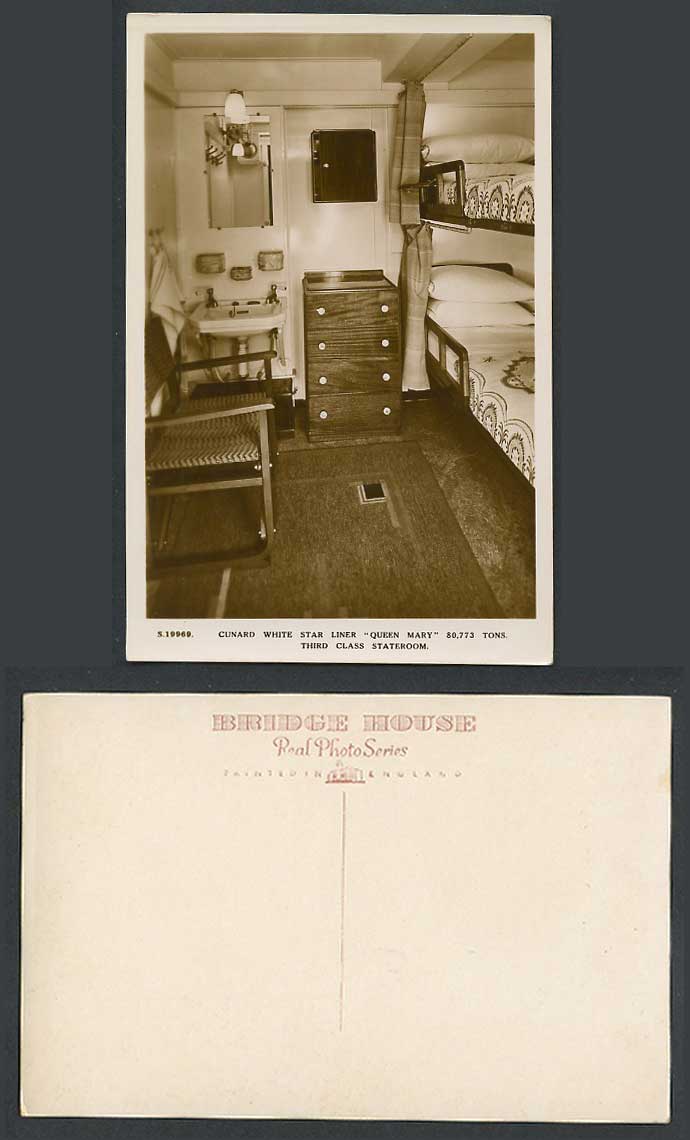 Cunard White Star Line Liner R.M.S. Queen Mary, 3rd Class Stateroom Old Postcard