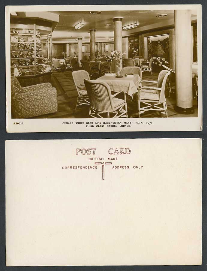 Cunard White Star Line R.M.S. Queen Mary 3rd Class Garden Lounge Old RP Postcard