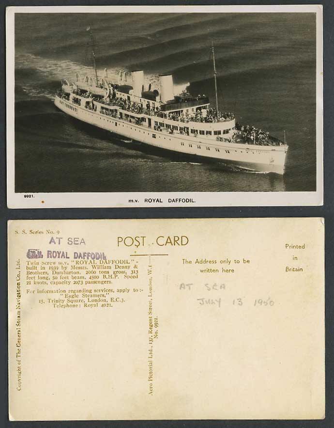 M.V. Royal Daffodil At Sea, Motor Vessel Steamer Steam Ship 1950 Old RP Postcard