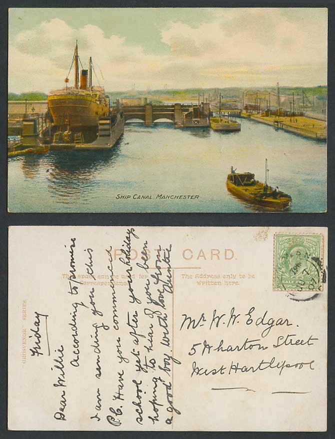 Manchester Ship Canal 1907 Old Colour Postcard Bridge Steamer Boats, Lancashire