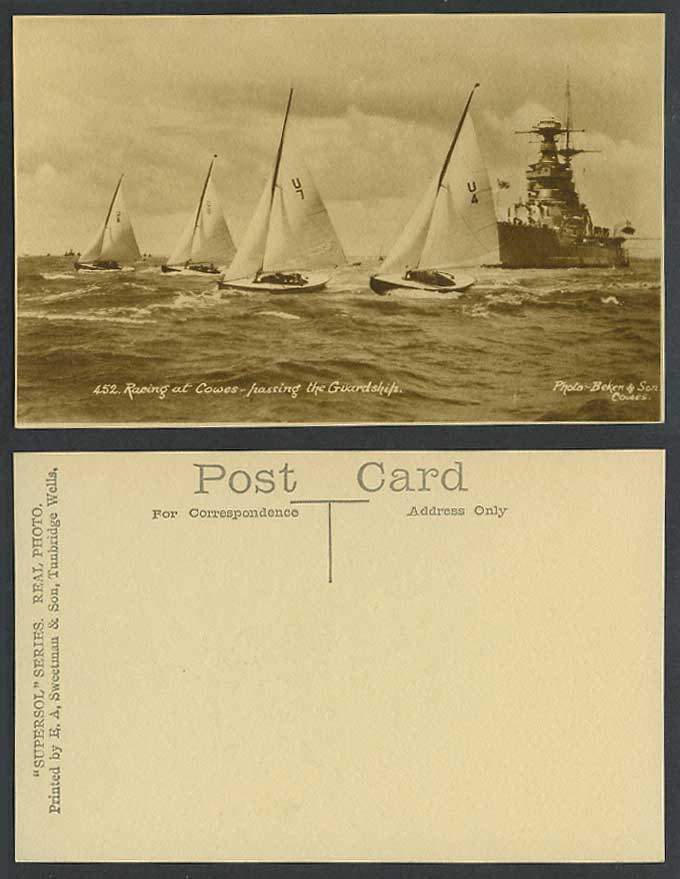 Isle of Wight, Racing at Cowes passing Guardship Sailing Boats Race Old Postcard