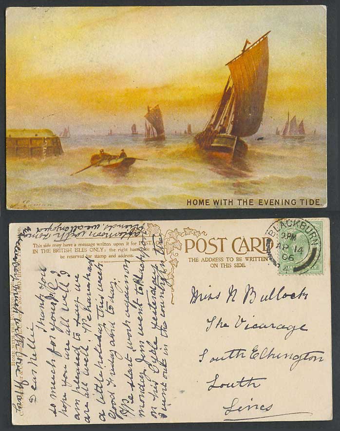 Artist Signed 1906 Old Postcard Home with The Evening Tide, Sailing Boats, Ships