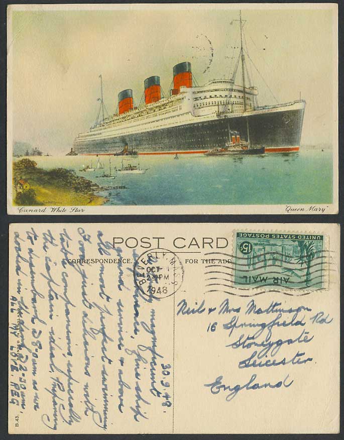 Cunard White Star, R.M.S. Queen Mary, Royal Mail Steamer Ships 1948 Old Postcard