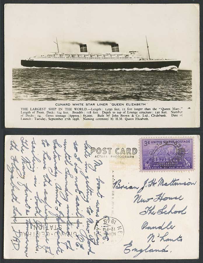 Cunard White Star Liner Queen Elizabeth, Steamer Steam Ship 1948 Old RP Postcard