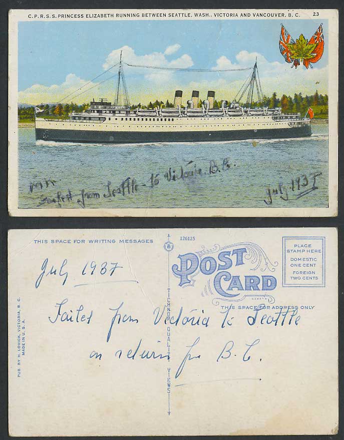 C.P.R.S.S. Princess Elizabeth Steam Ship Steamer, Canada, Arms 1937 Old Postcard