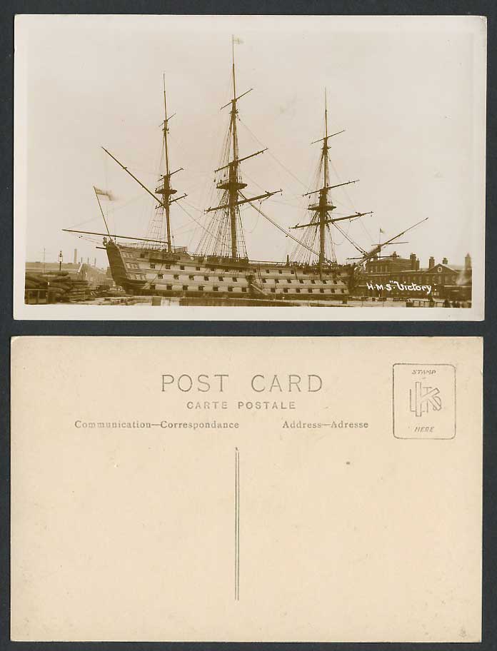 H.M.S. Victory Royal Navy Warship Flagship Military Ship Old Real Photo Postcard