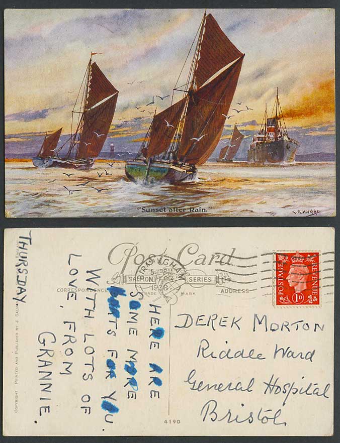 C.R. Hopking 1938 Old Postcard Sunset after Rain Lighthouse Sailing Boat Steamer