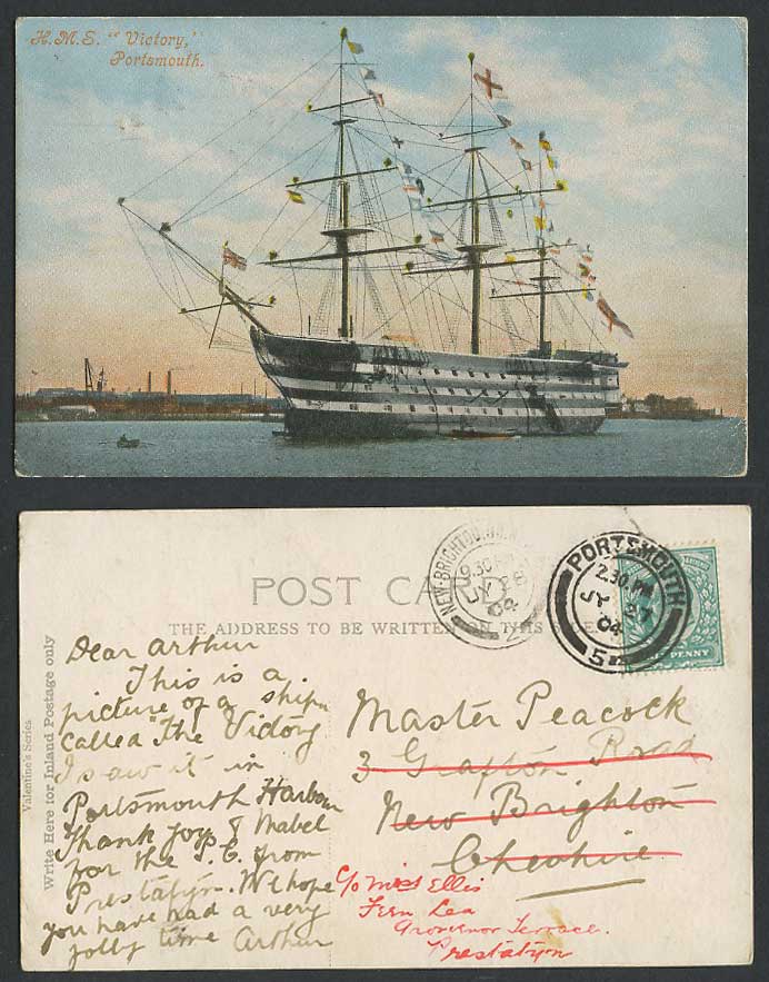 H.M.S Victory SHIP Portsmouth Harbour Nelson's Flagship 1904 Old Colour Postcard