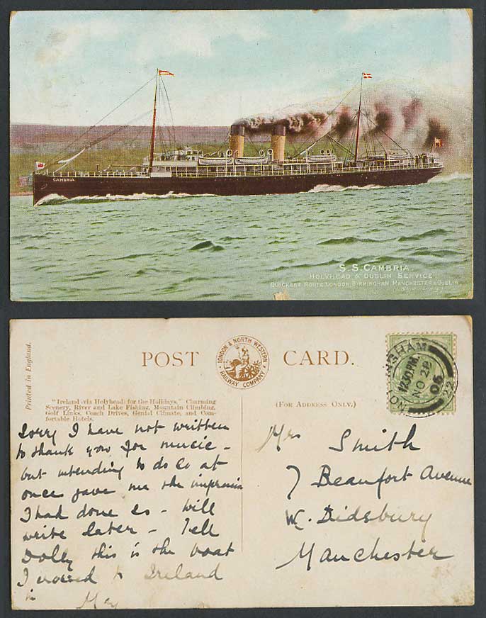S.S. Cambria, Steam Ship Steamer, Holyhead and Dublin Service 1906 Old Postcard