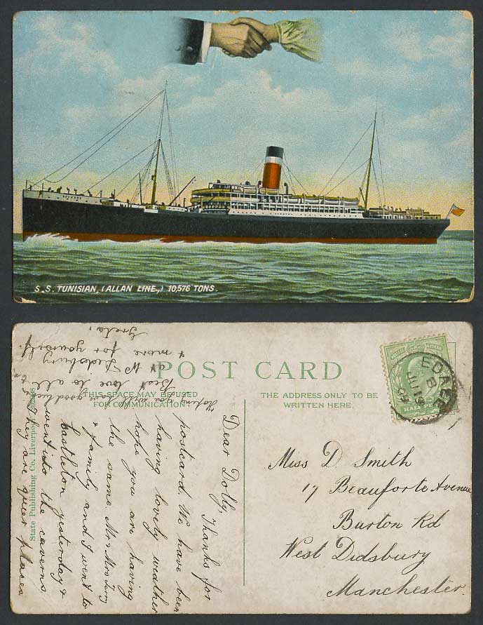 Hands Across the Sea, S.S. Tunisian Allan Line Steam Ship Flag 1909 Old Postcard