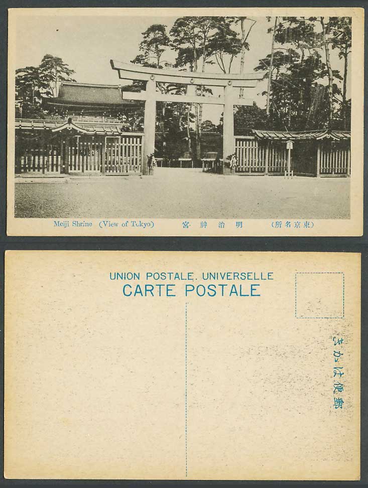 Japan Old Postcard Meiji Shrine Jingu, Tokyo, Torii Gate, Pine Trees 東京 明治神宮